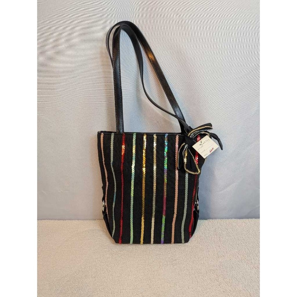 ME. Collection Black Striped Sequin Shoulder Bag‎ Tote Purse